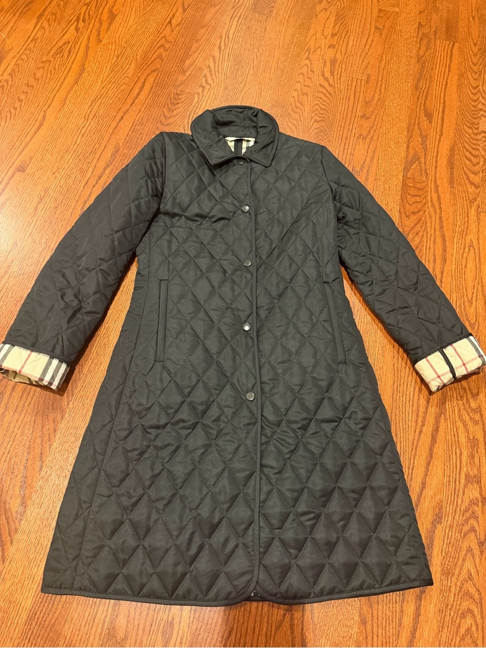 Burberry Black Quilted Long Puffer Coat with Plaid Cuff Detail Size S